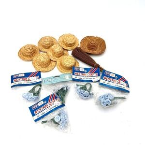 Vintage Westrim Crafts Miniature Bundle Straw Hats Broom Blue Satin Roses 14pc